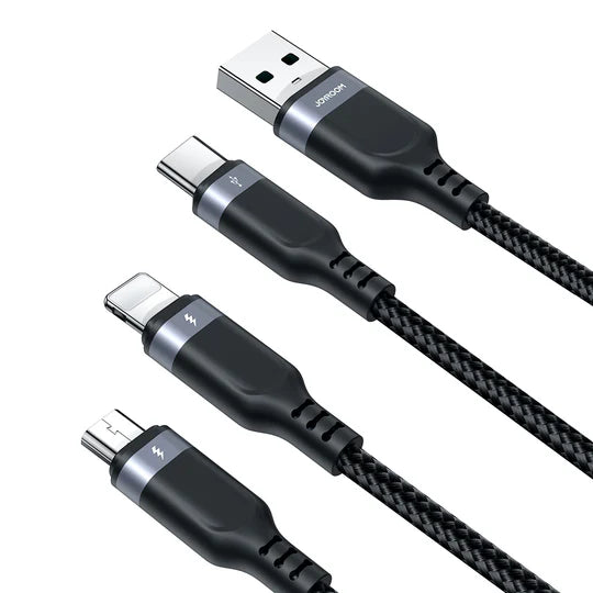 JOYROOM S-A18 Multi-Use 3.5A Lightning+Type-C+Micro 3-in-1 Data Cable 0.3m/1.2m/3m-Black