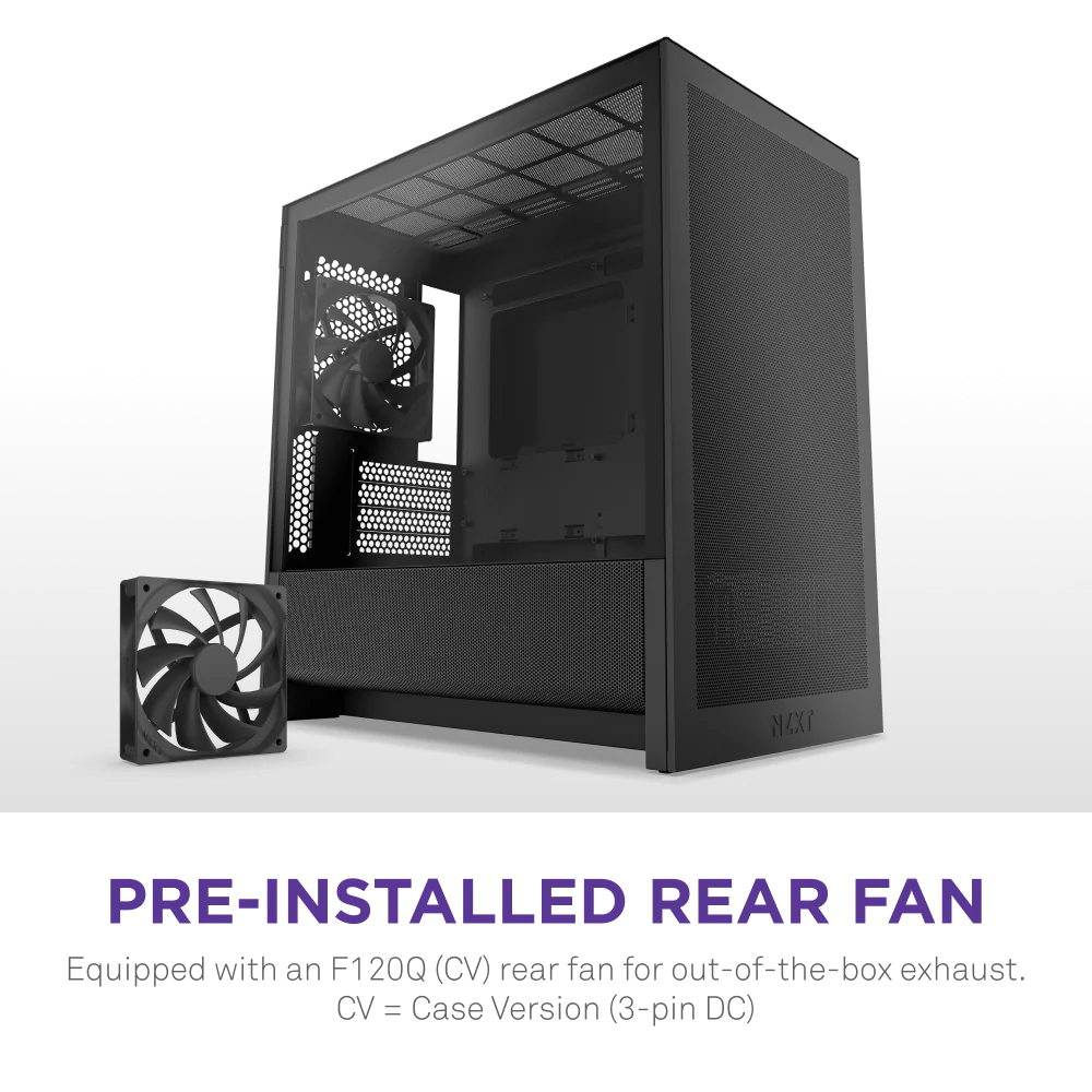 NZXT H3 Flow Mid Tower mATX Tempered Glass Airflow Gaming Case w/ Pre-installed Single F120Q (CV) & USB Type-C Port - Black