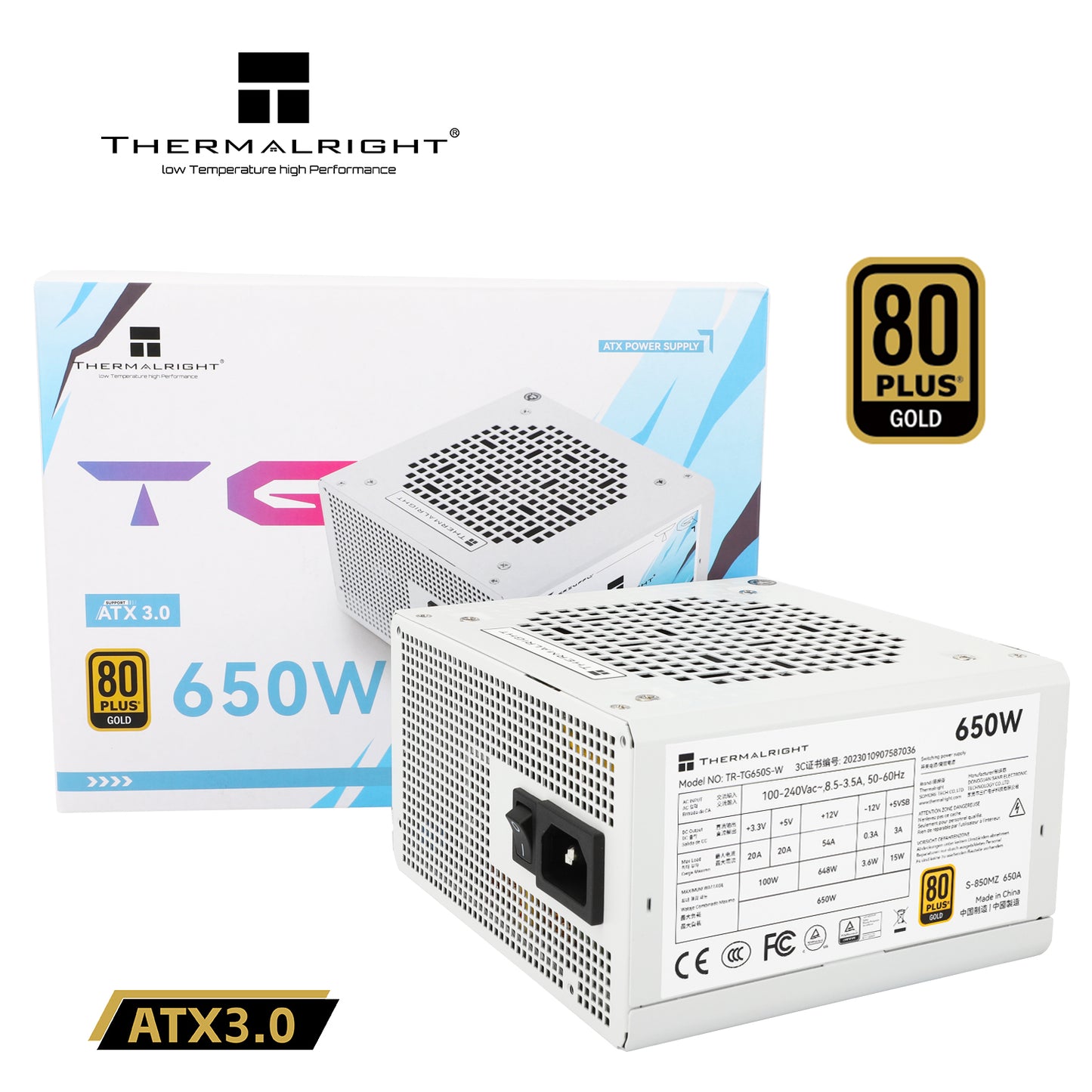 Thermalright (TG-650S-W) Gold 650W (ATX 3.0) 80 Plus Gold Non Modular, Smart Fan - Power Supply (White)