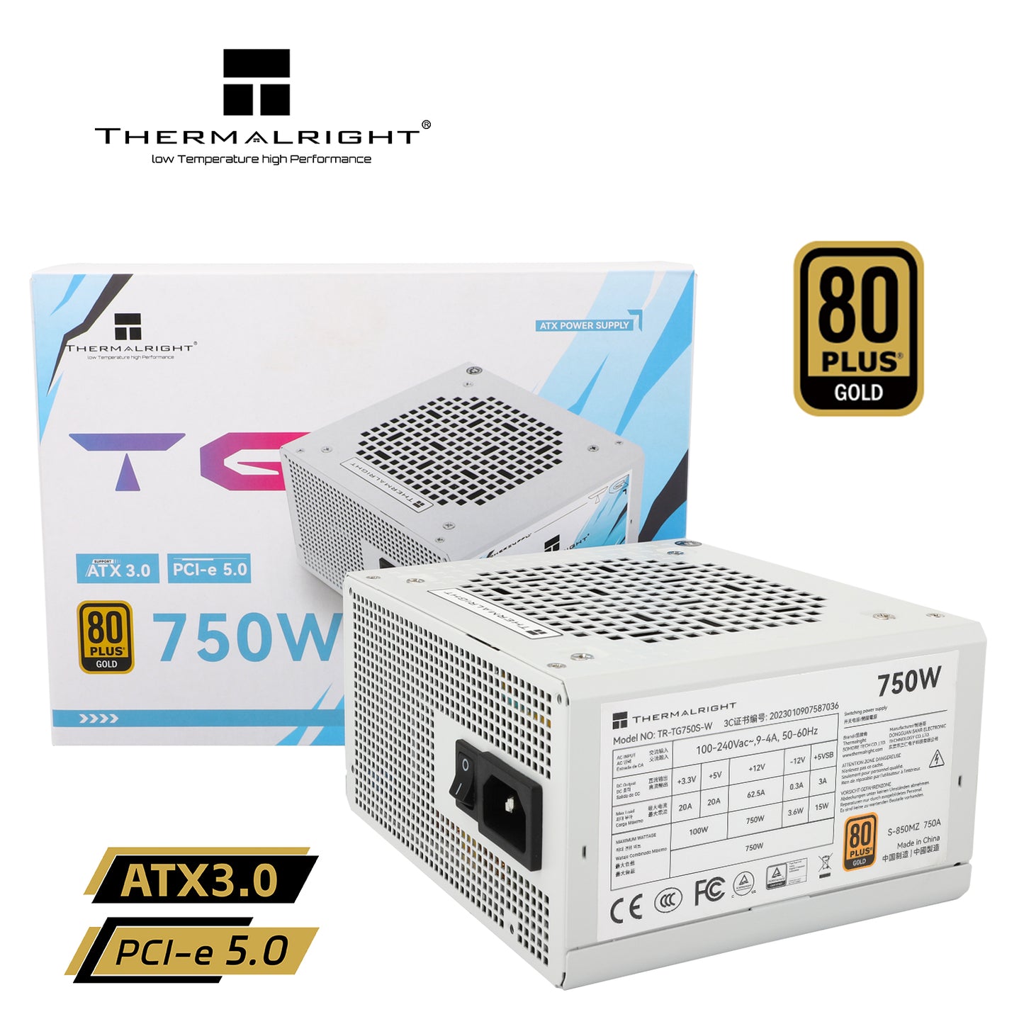 Thermalright (TG-750S-W) Gold 750W (ATX 3.0) PCIE 5.0 (12VHPWR) 80 Plus Gold Non Modular, Smart Fan - Power Supply (White)