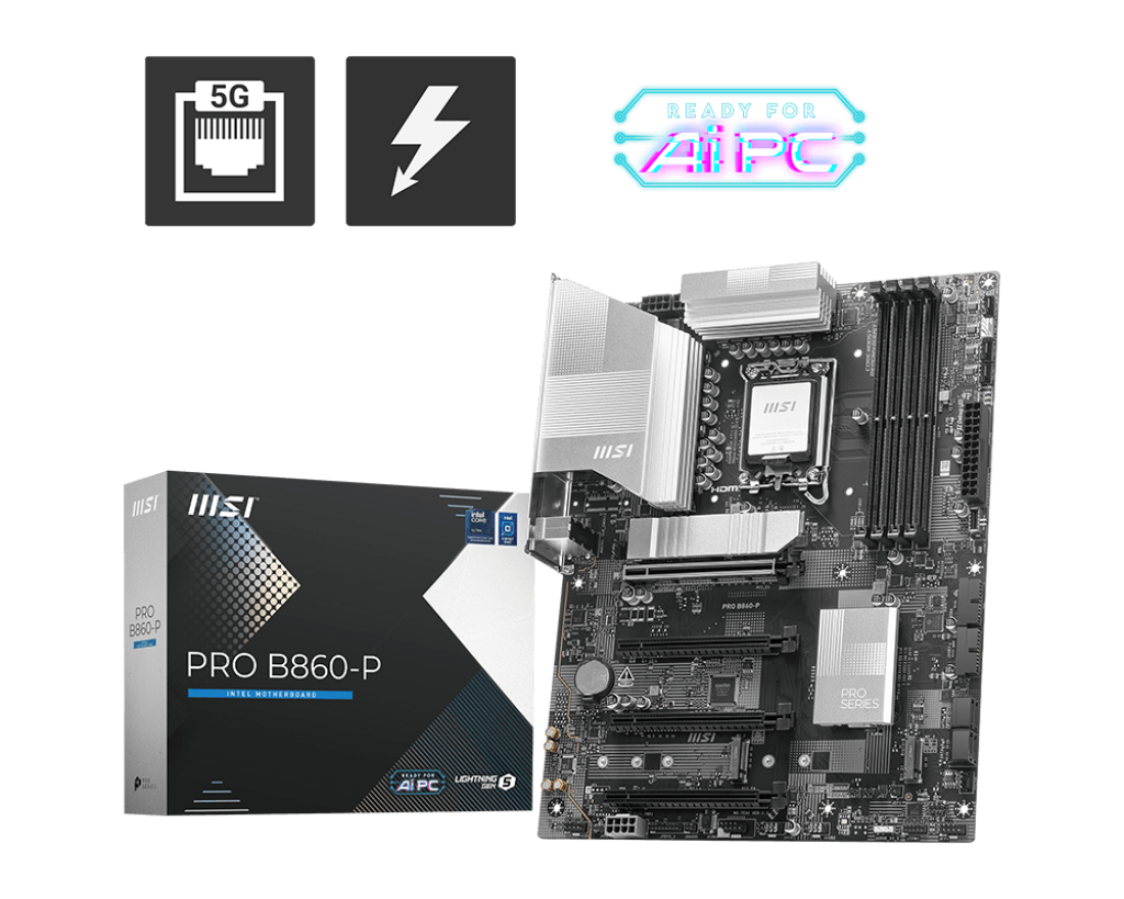 MSI PRO B860-P Intel Core Ultra (Series 2), LGA 1851/DDR5/PCIe 5.0/3xM.2 - ATX Gaming MotherBoard