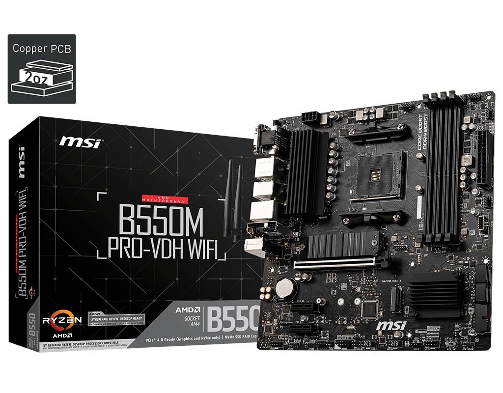 MSI B550M PRO-VDH WIFI, AMD AM4 RYZEN 5000, 4000, 3000 Series /DDR4/PCIe 4.0/2xM.2 - mATX Motherboard
