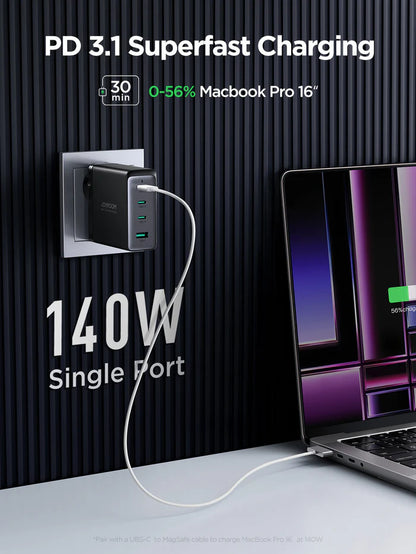 JR-TCG05 140W GaN 3C1A Fast Charger-Black+240W C to C Cable 1.2m-Black-US/UK/EU