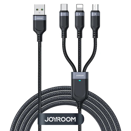 JOYROOM S-A18 Multi-Use 3.5A Lightning+Type-C+Micro 3-in-1 Data Cable 0.3m/1.2m/3m-Black
