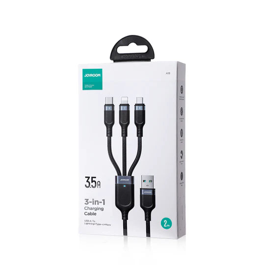 JOYROOM S-A18 Multi-Use 3.5A Lightning+Type-C+Micro 3-in-1 Data Cable 0.3m/1.2m/3m-Black