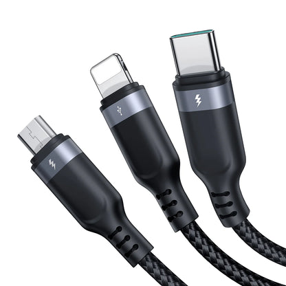 JOYROOM S-A18 Multi-Use 3.5A Lightning+Type-C+Micro 3-in-1 Data Cable 0.3m/1.2m/3m-Black