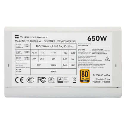 Thermalright (TG-650S-W) Gold 650W (ATX 3.0) 80 Plus Gold Non Modular, Smart Fan - Power Supply (White)
