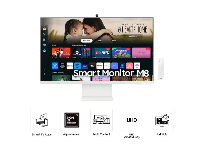 Samsung M8 (DM801) Smart 32" 4K UHD, Tizen™ OS Flat Business Monitor, VA, 60Hz, 4ms(GTG), HDR10+, 99% sRGB, USB Type-C w/ Cam, Speakers, Remote Control & Ergonomic Stand - White