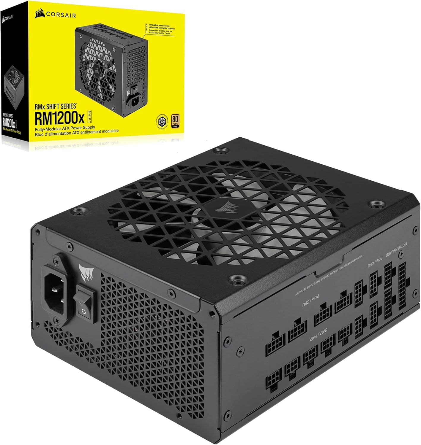 Corsair RM1200x Shift 1200W, ATX (ATX 3.0) Fully Modular Power Supply, 80+ Gold Certified w/ Side Mounted Modular Connections Panel & PCIe 5.0 12VHPWR Cable