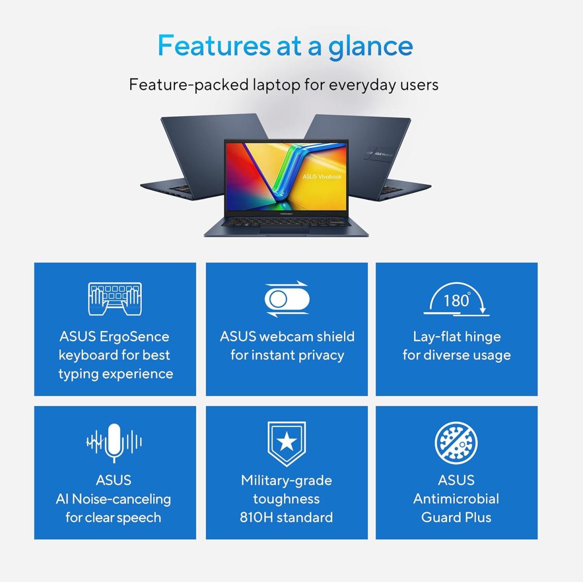 Laptop ASUS Vivobook 14, Intel Core i5-1334U 10-Cores Processor, 16GB DDR4 (Customized), 14" FHD IPS 250nits Display, Wi-Fi 6E, Bluetooth 5.3 - Cool Silver