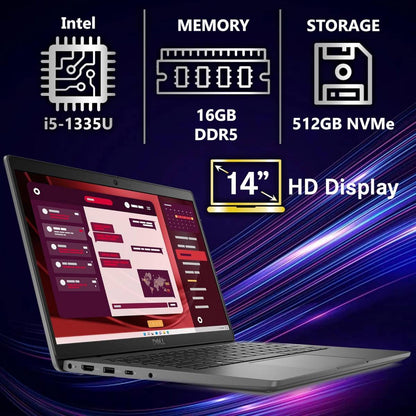 Dell Latitude 3450 14" Business Laptop, Intel 10 Core i5-1335U, 16GB DDR5 (Customized), 512GB NVMe, WiFi 6E + BT, HD Webcam, RJ-45 - Gray