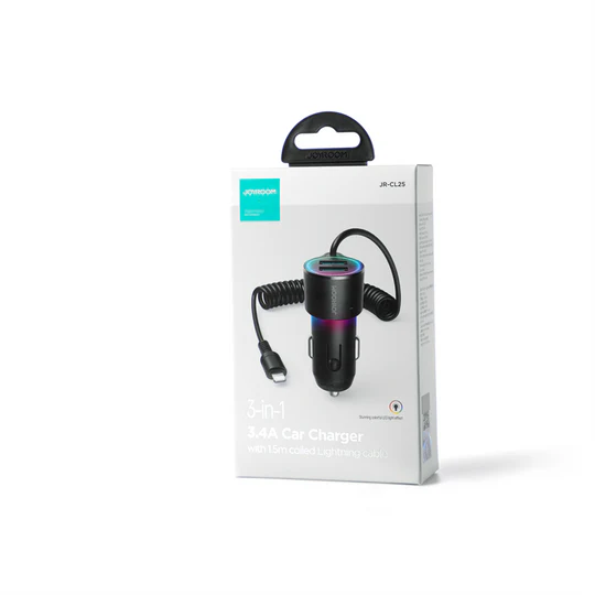 JOYROOM JR-CL25 3.4A 3-in-1 Car Charger with Coiled Lightning Cable
