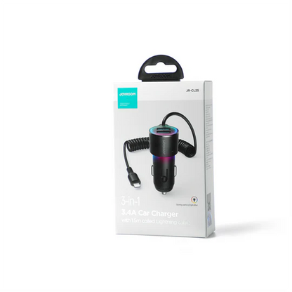 JOYROOM JR-CL25 3.4A 3-in-1 Car Charger with Coiled Lightning Cable