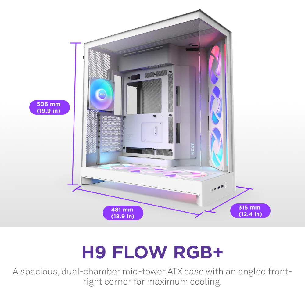 NZXT H9 Flow RGB+ (2025) Panoramic Perforated Dual-Chamber Mid-Tower Tempered Glass New Design Gaming Case w/ 2X F420 RGB Core Single-Frame Fans + 1XF120 RGB Core & Back-Connect Ready - White