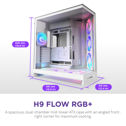 NZXT H9 Flow RGB+ (2025) Panoramic Perforated Dual-Chamber Mid-Tower Tempered Glass New Design Gaming Case w/ 2X F420 RGB Core Single-Frame Fans + 1XF120 RGB Core & Back-Connect Ready - White