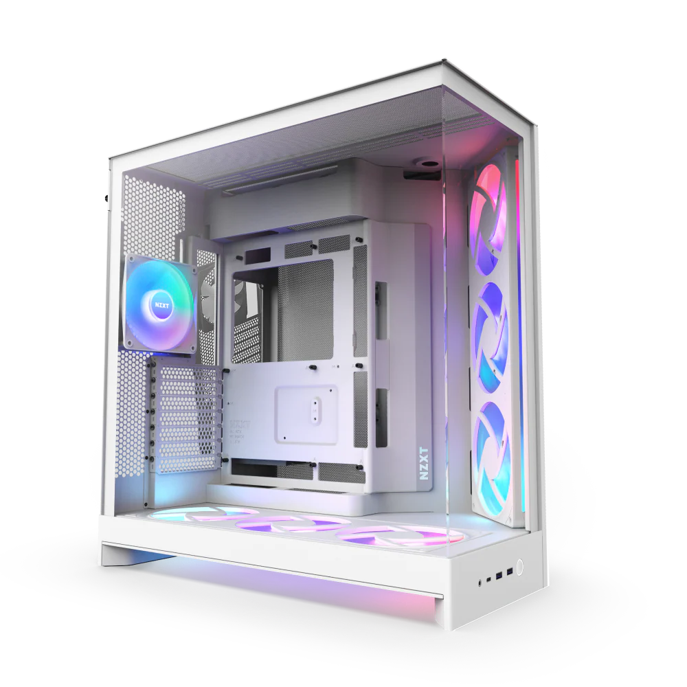 NZXT H9 Flow RGB+ (2025) Panoramic Perforated Dual-Chamber Mid-Tower Tempered Glass New Design Gaming Case w/ 2X F420 RGB Core Single-Frame Fans + 1XF120 RGB Core & Back-Connect Ready - White
