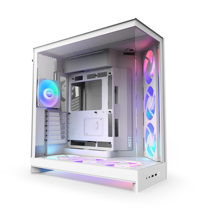 NZXT H9 Flow RGB+ (2025) Panoramic Perforated Dual-Chamber Mid-Tower Tempered Glass New Design Gaming Case w/ 2X F420 RGB Core Single-Frame Fans + 1XF120 RGB Core & Back-Connect Ready - White