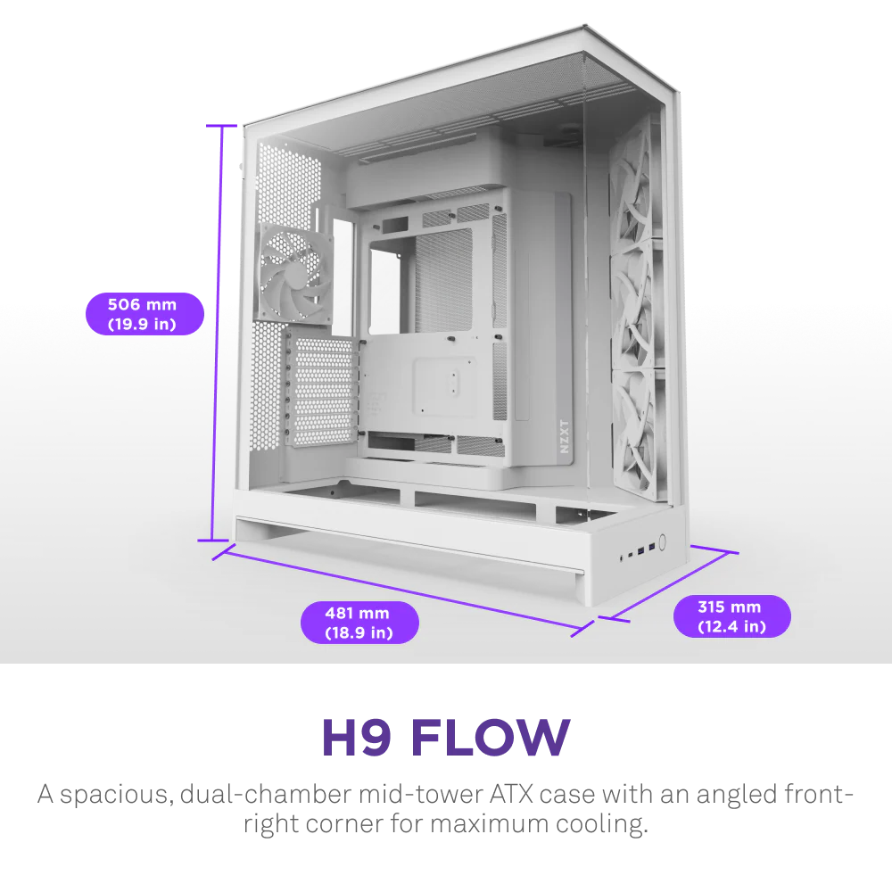 NZXT H9 Flow (2025) Panoramic Perforated Dual-Chamber Mid-Tower Tempered Glass New Design Gaming Case w/ 3X F140Q Fans + 1XF120Q & Back-Connect Ready - White