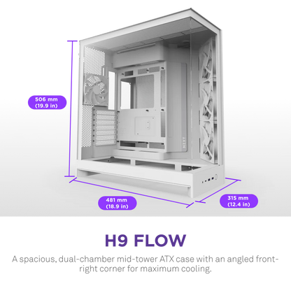 NZXT H9 Flow (2025) Panoramic Perforated Dual-Chamber Mid-Tower Tempered Glass New Design Gaming Case w/ 3X F140Q Fans + 1XF120Q & Back-Connect Ready - White