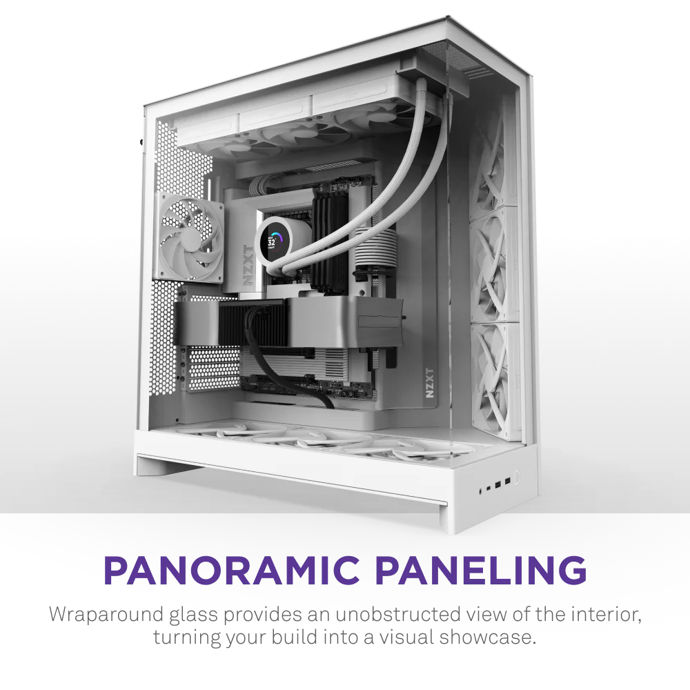 NZXT H9 Flow (2025) Panoramic Perforated Dual-Chamber Mid-Tower Tempered Glass New Design Gaming Case w/ 3X F140Q Fans + 1XF120Q & Back-Connect Ready - White