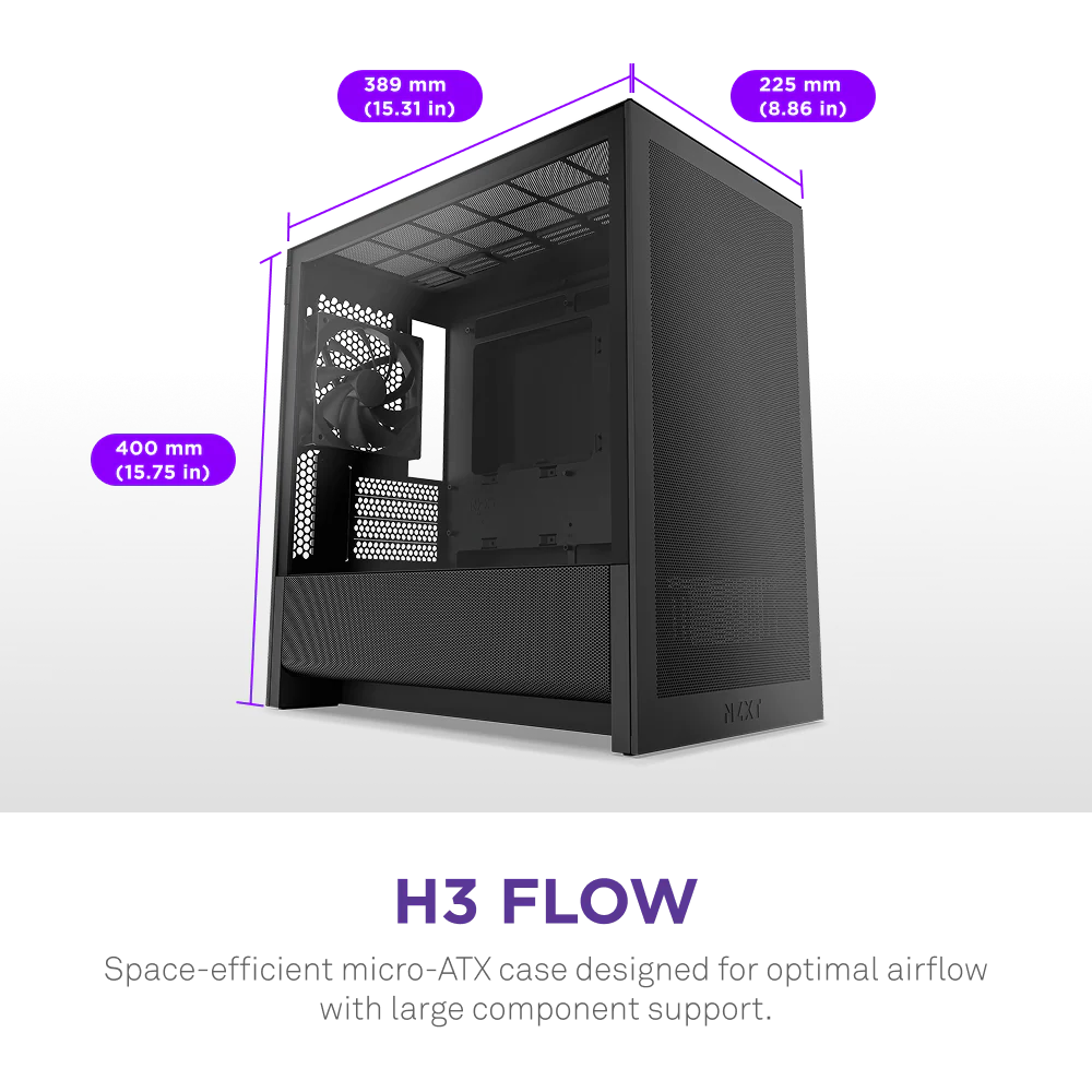 NZXT H3 Flow Mid Tower mATX Tempered Glass Airflow Gaming Case w/ Pre-installed Single F120Q (CV) & USB Type-C Port - Black