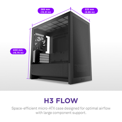 NZXT H3 Flow Mid Tower mATX Tempered Glass Airflow Gaming Case w/ Pre-installed Single F120Q (CV) & USB Type-C Port - Black