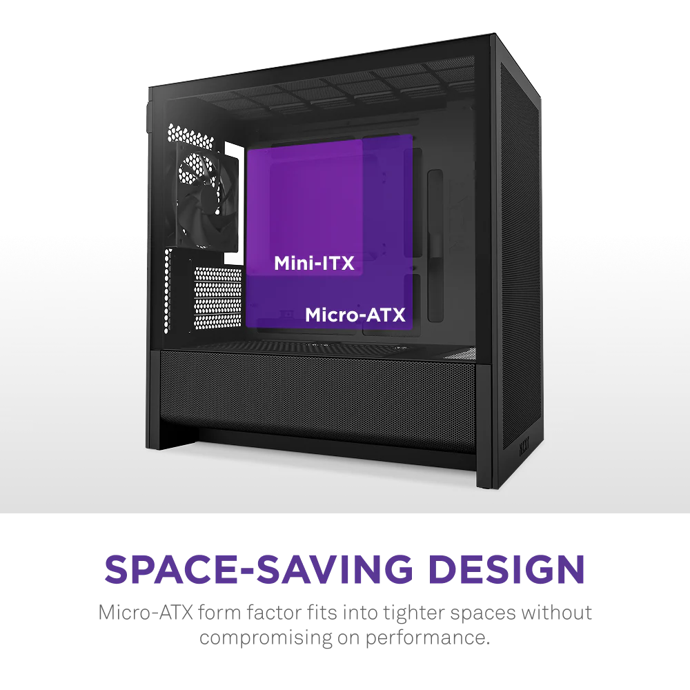 NZXT H3 Flow Mid Tower mATX Tempered Glass Airflow Gaming Case w/ Pre-installed Single F120Q (CV) & USB Type-C Port - Black