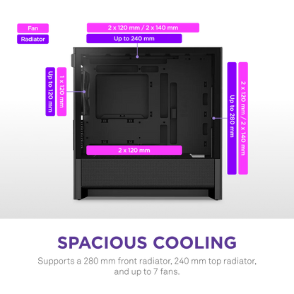 NZXT H3 Flow Mid Tower mATX Tempered Glass Airflow Gaming Case w/ Pre-installed Single F120Q (CV) & USB Type-C Port - Black