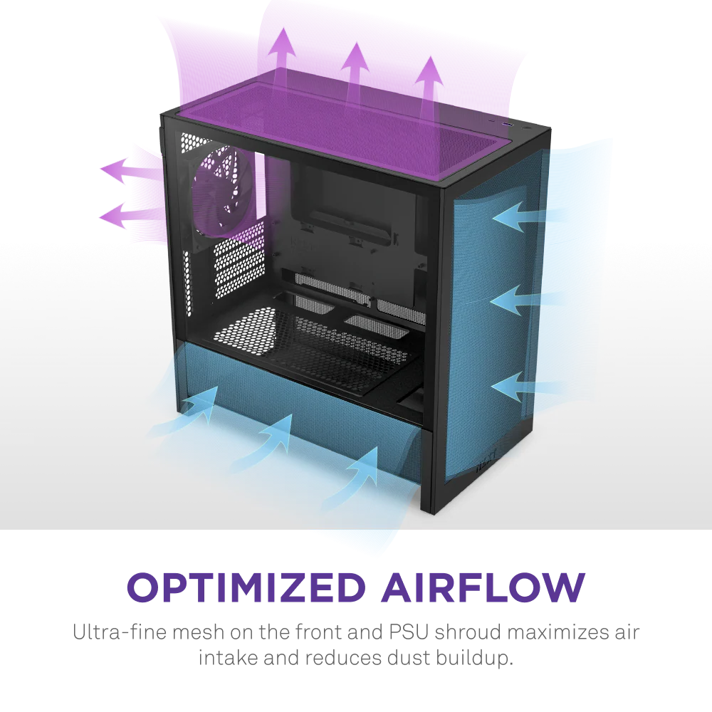 NZXT H3 Flow Mid Tower mATX Tempered Glass Airflow Gaming Case w/ Pre-installed Single F120Q (CV) & USB Type-C Port - Black