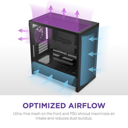 NZXT H3 Flow Mid Tower mATX Tempered Glass Airflow Gaming Case w/ Pre-installed Single F120Q (CV) & USB Type-C Port - Black