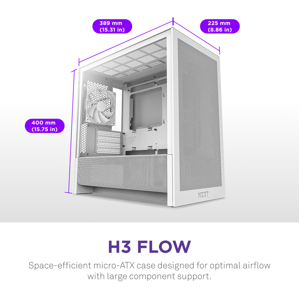 NZXT H3 Flow Mid Tower mATX Tempered Glass Airflow Gaming Case w/ Pre-installed Single F120Q (CV) & USB Type-C Port - White