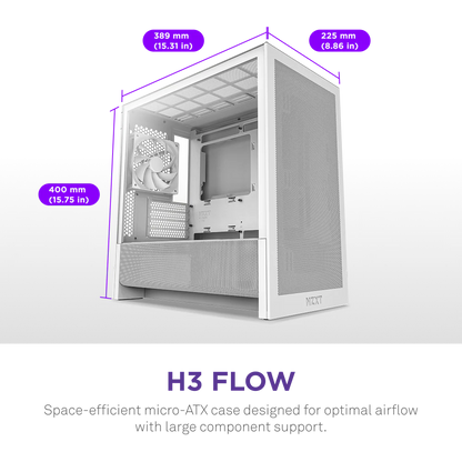 NZXT H3 Flow Mid Tower mATX Tempered Glass Airflow Gaming Case w/ Pre-installed Single F120Q (CV) & USB Type-C Port - White