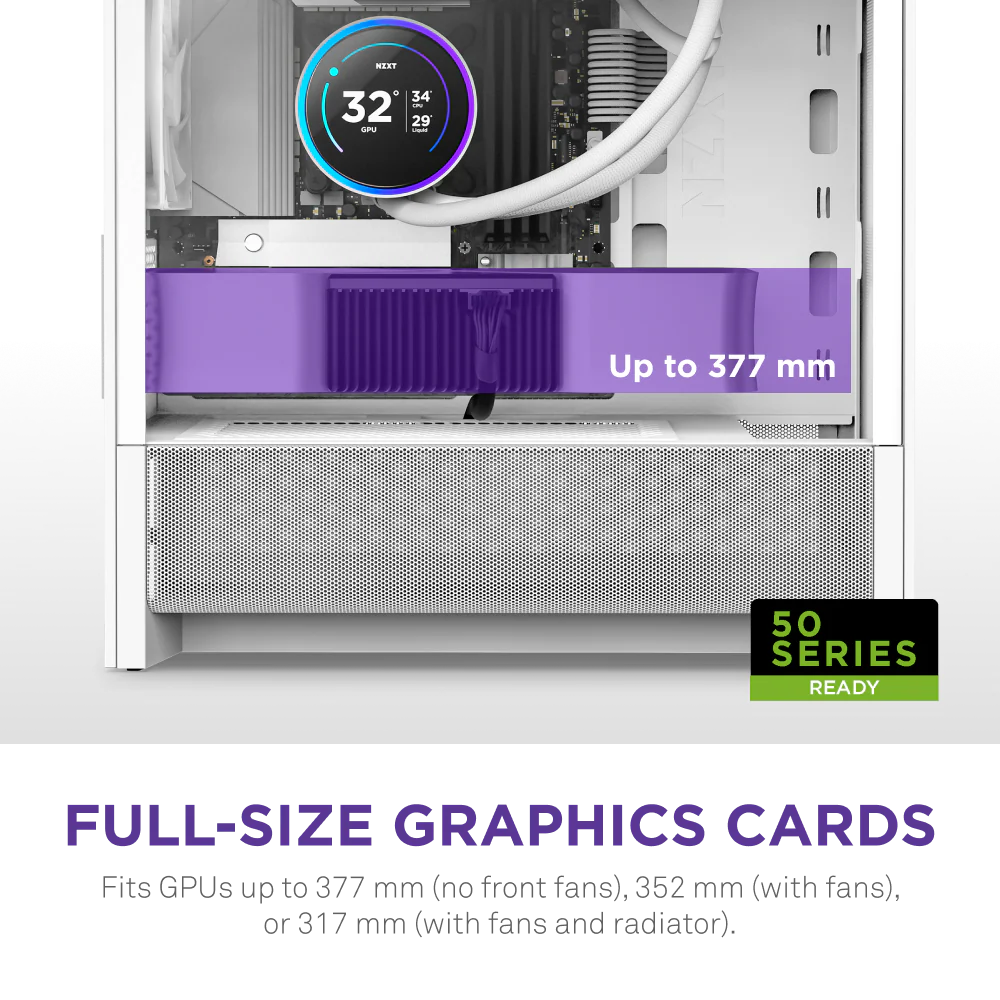 NZXT H3 Flow Mid Tower mATX Tempered Glass Airflow Gaming Case w/ Pre-installed Single F120Q (CV) & USB Type-C Port - White