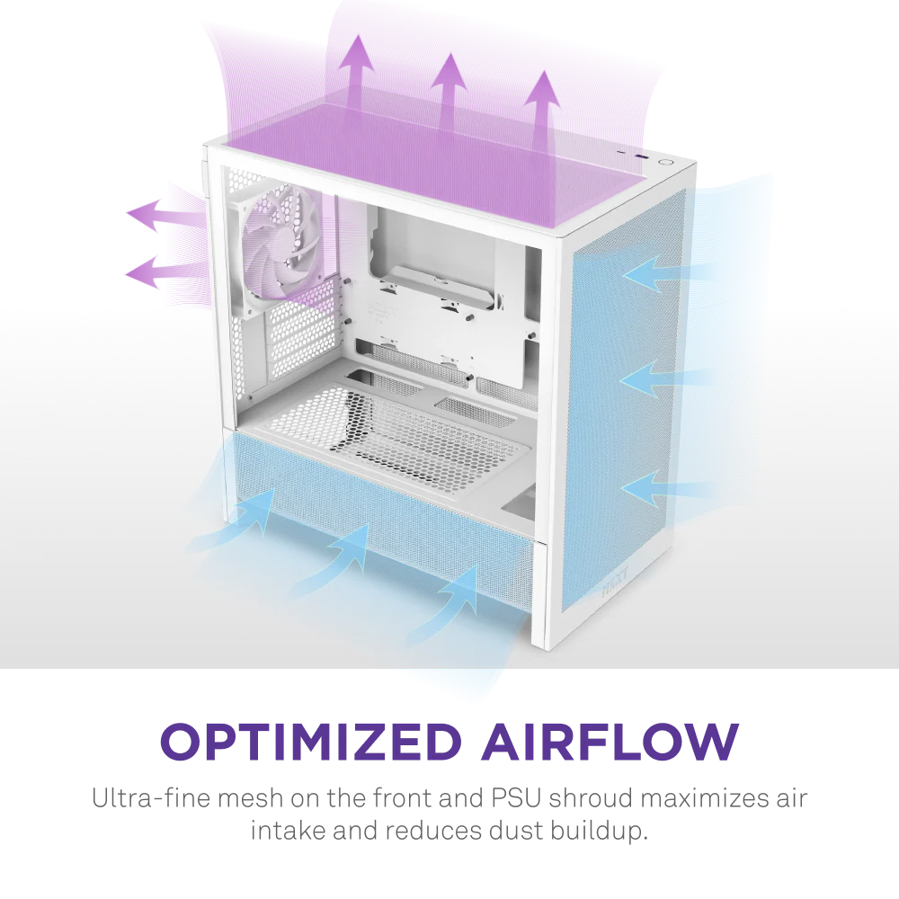 NZXT H3 Flow Mid Tower mATX Tempered Glass Airflow Gaming Case w/ Pre-installed Single F120Q (CV) & USB Type-C Port - White