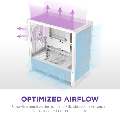 NZXT H3 Flow Mid Tower mATX Tempered Glass Airflow Gaming Case w/ Pre-installed Single F120Q (CV) & USB Type-C Port - White