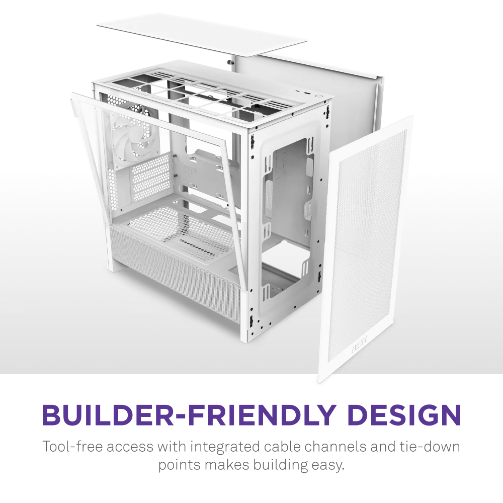 NZXT H3 Flow Mid Tower mATX Tempered Glass Airflow Gaming Case w/ Pre-installed Single F120Q (CV) & USB Type-C Port - White