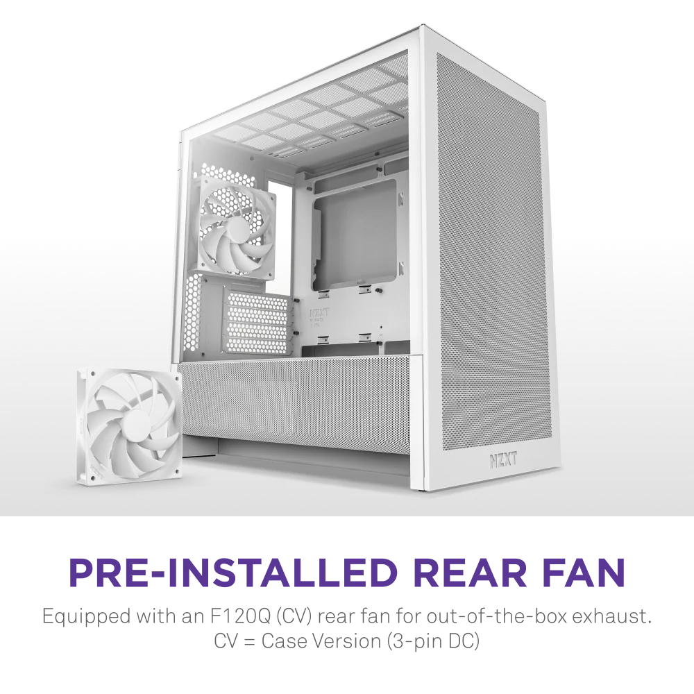 NZXT H3 Flow Mid Tower mATX Tempered Glass Airflow Gaming Case w/ Pre-installed Single F120Q (CV) & USB Type-C Port - White