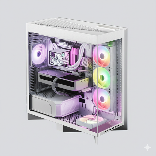 TRYX LUCA L70 (White) E-ATX Mid Tower Aesthetic Panoramic Tempered Glass Design Gaming case, Type-C, Up To 420mm Radiator, BTF Support