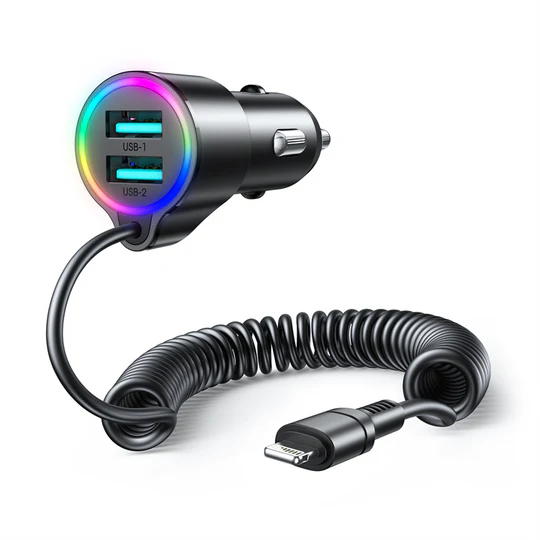 JOYROOM JR-CL25 3.4A 3-in-1 Car Charger with Coiled Lightning Cable