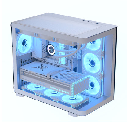 AeroCool P500C (White) ARGB Stylish w/ Panoramic View & Dual Chamber ATX Mid Tower Tempered Glass Gaming Case w/ 4 ARGB Mirage infinity Mirror Fans (3x120mm Side Reverse-Blade + 1x120mm Rear)