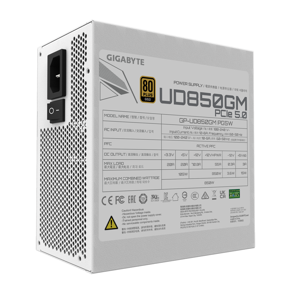 GIGABYTE UD850GM PG5 850W (ATX 3.0) PCIE 5.0 (12VHPWR) 80 Plus Gold Full Modular Power Supply (White Edition)