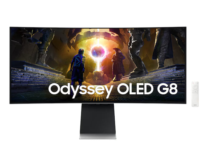 Samsung Odyssey OLED G8 2025 Smart (DG852) 34" 3K UWQHD (3440x1440) Curved, 175Hz, 0.03ms(GTG), QD-OLED, HDR10+, 10Bits, 99% DCI Coverage PRO Colors, G-Sync Compatible, w/ Adaptive Sound Pro Speakers, Ergonomic Stand & Core Sync