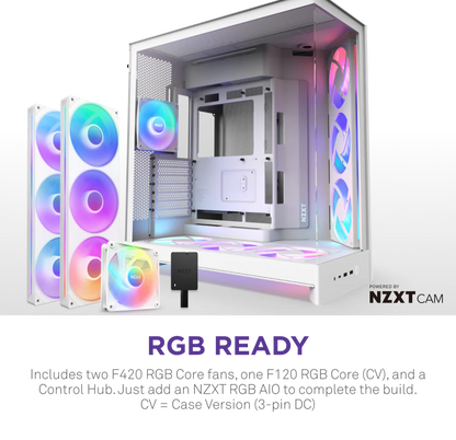 NZXT H9 Flow RGB+ (2025) Panoramic Perforated Dual-Chamber Mid-Tower Tempered Glass New Design Gaming Case w/ 2X F420 RGB Core Single-Frame Fans + 1XF120 RGB Core & Back-Connect Ready - White