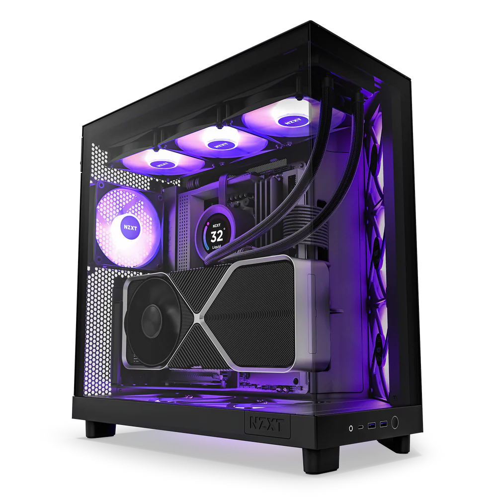 NZXT H6 Flow RGB Perforated Compact Dual-Chamber Mid-Tower Tempered Glass Gaming Case w/ 3xF120 RGB Fans & USB Type-C Port - Black