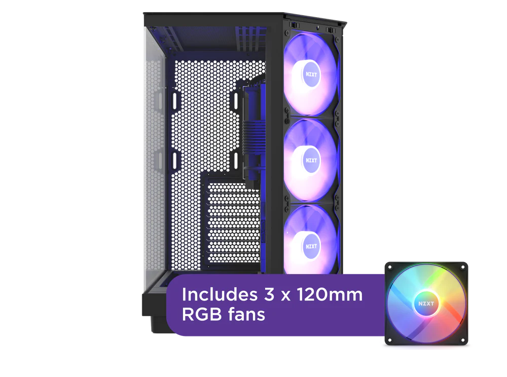 NZXT H6 Flow RGB Perforated Compact Dual-Chamber Mid-Tower Tempered Glass Gaming Case w/ 3xF120 RGB Fans & USB Type-C Port - Black