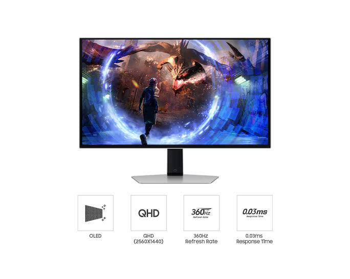 Samsung Odyssey OLED G6 (DG602) 27" Flat Monitor 2K (2560 x 1440) 360Hz, 0.03ms(GTG), Quantum Dot, HDR10+, 99% DCI Coverage, 10Bit, HDMI 2.1, Core Sync, FreeSync Premium Pro w/ Sleek Metal Design & Ergonomic Stand