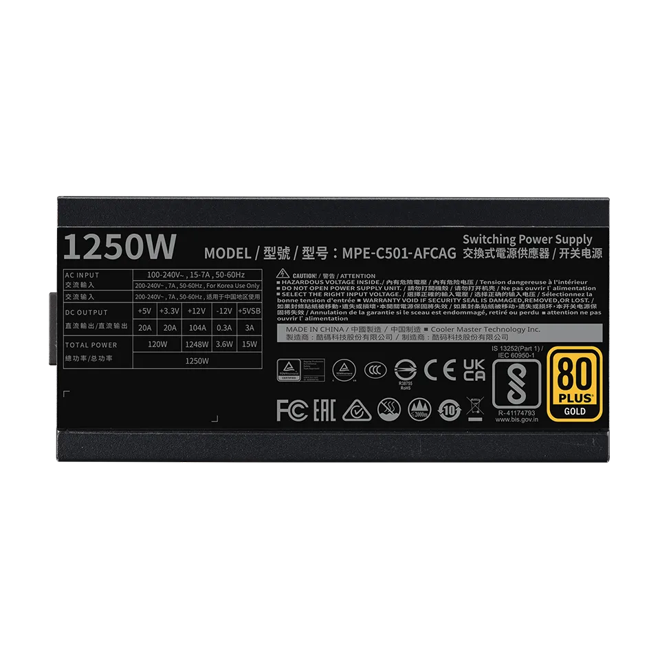 Cooler Master MWE GOLD 1250 V2 (ATX 3.0) 1250W 80 Plus Gold Fully Modular Power Supply w/ (12VHPWR) PCIE 5.0 Connector