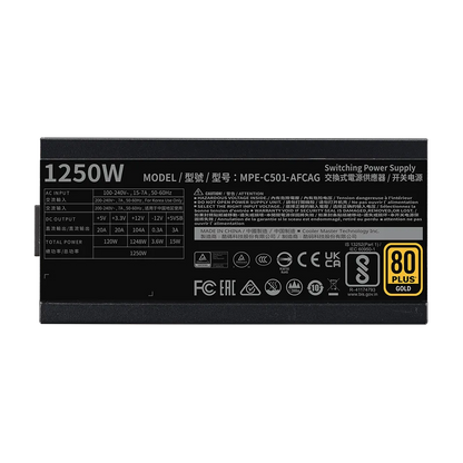 Cooler Master MWE GOLD 1250 V2 (ATX 3.0) 1250W 80 Plus Gold Fully Modular Power Supply w/ (12VHPWR) PCIE 5.0 Connector