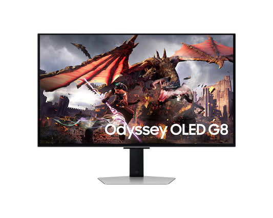 Samsung Odyssey OLED G8 Smart (DG802) 32" Flat Monitor 4K (3840 x 2160) 240Hz, 0.03ms(GTG), QD-OLED, HDR10+, 99% DCI Coverage, HDMI 2.1, Core Sync, G-Sync compatibility w/ Sleek Metal Design, Ergonomic Stand & Speaker