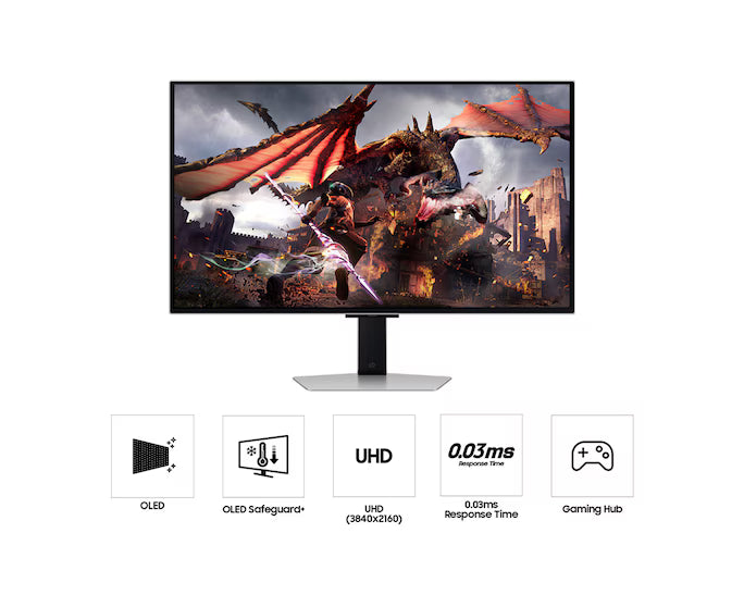 Samsung Odyssey OLED G8 Smart (DG802) 32" Flat Monitor 4K (3840 x 2160) 240Hz, 0.03ms(GTG), QD-OLED, HDR10+, 99% DCI Coverage, HDMI 2.1, Core Sync, G-Sync compatibility w/ Sleek Metal Design, Ergonomic Stand & Speaker